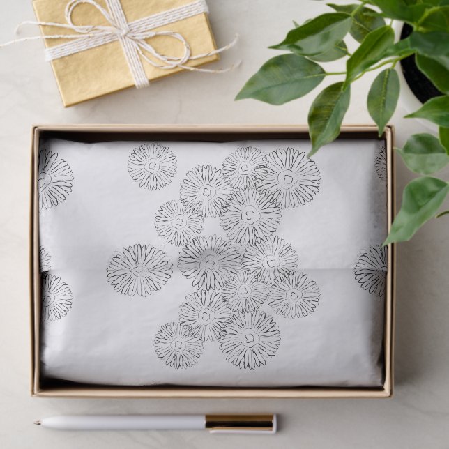 Papel De Seda Elegant Black and White Boho Chic Daisy Pattern  (Presente)