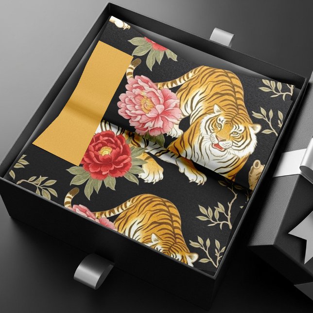 Papel De Seda Elegant Black Chinoiserie Tiger and Peony Pattern (Criador carregado)