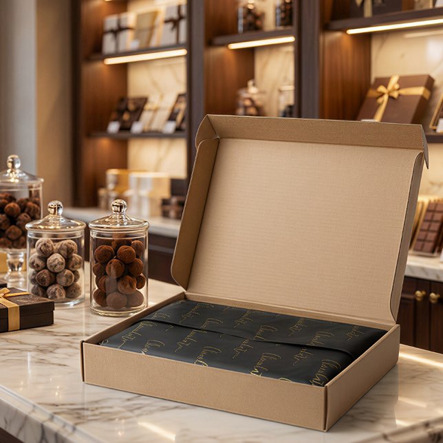 Papel De Seda Elegant Black Gold Script Chocolatier Qr Code (Criador carregado)