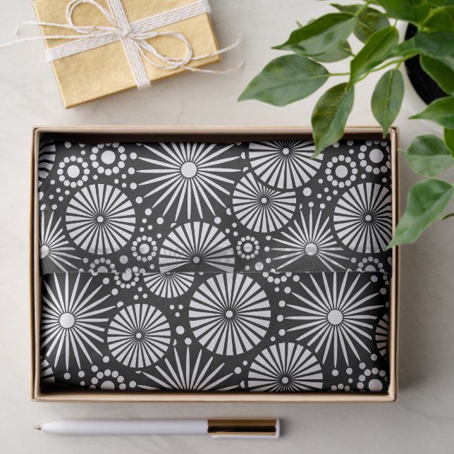 Papel De Seda Elegant Black White Geometric Flowers Starburst (Presente)