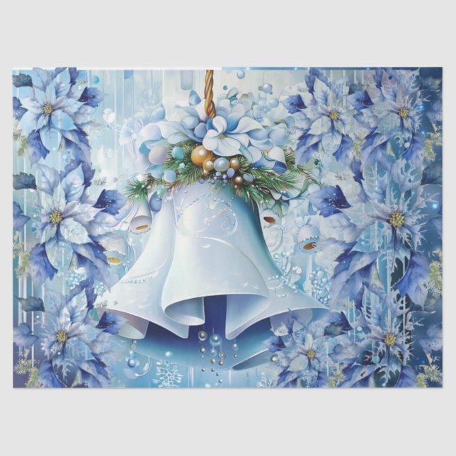 Papel De Seda Elegant Blue Christmas Floral Bells Decoupage (Frente )