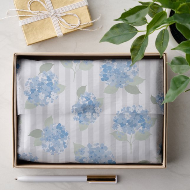Papel De Seda Elegant Blue Hydrangea Pattern Gray Stripe  (Presente)