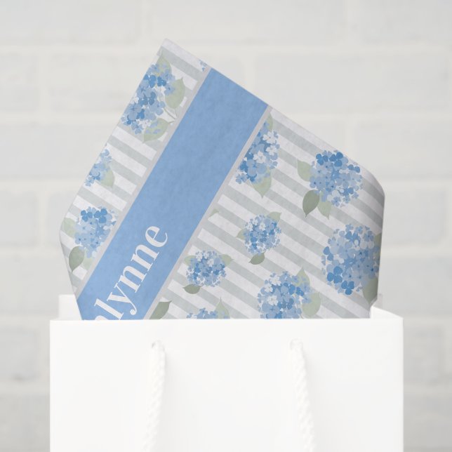 Papel De Seda Elegant Blue Hydrangea Pattern Gray Stripe Name (Sacola de presentes)