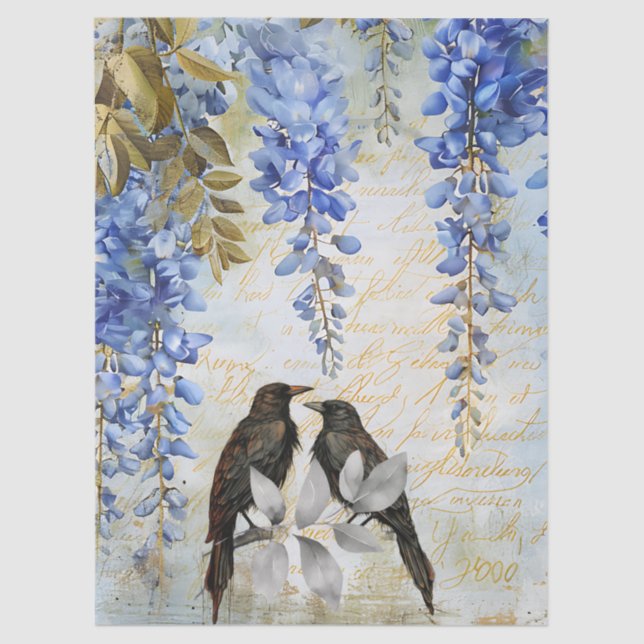 Papel De Seda Elegant Blue Wisteria & Ravens Decoupage Paper (Frente )