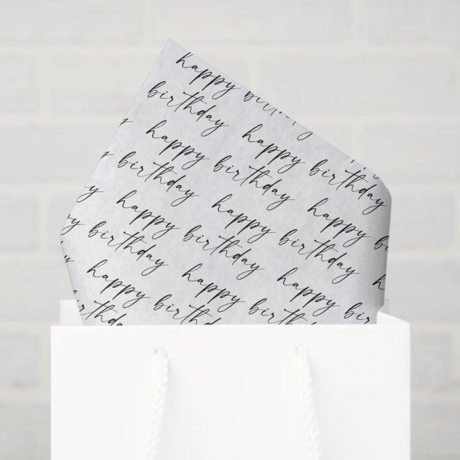 Papel De Seda Elegant Chic Black and White Script Happy Birthday (Sacola de presentes)