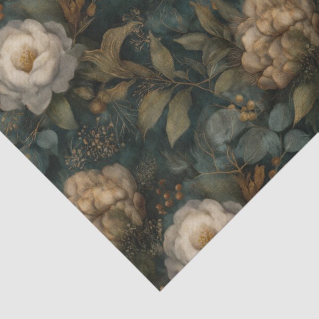 Papel De Seda Elegant Christmas Dark Green and White Floral (Detalhes)