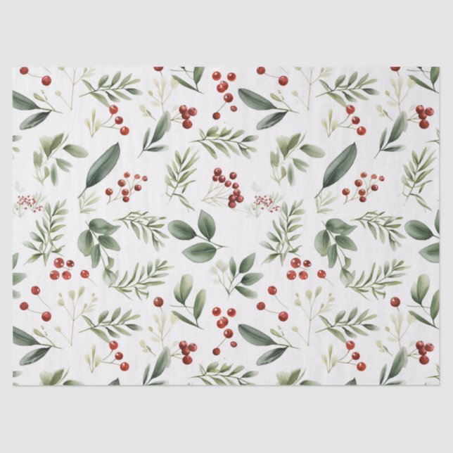 Papel De Seda Elegant Christmas Greenery & Red Berries Holiday (Frente )