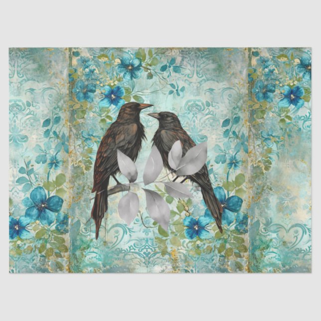 Papel De Seda Elegant Distressed Teal Floral & Ravens (Frente )