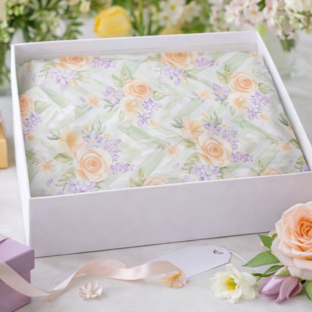 Papel De Seda Elegant Floral Peach Lavender Sage Chevron Pattern (Criador carregado)