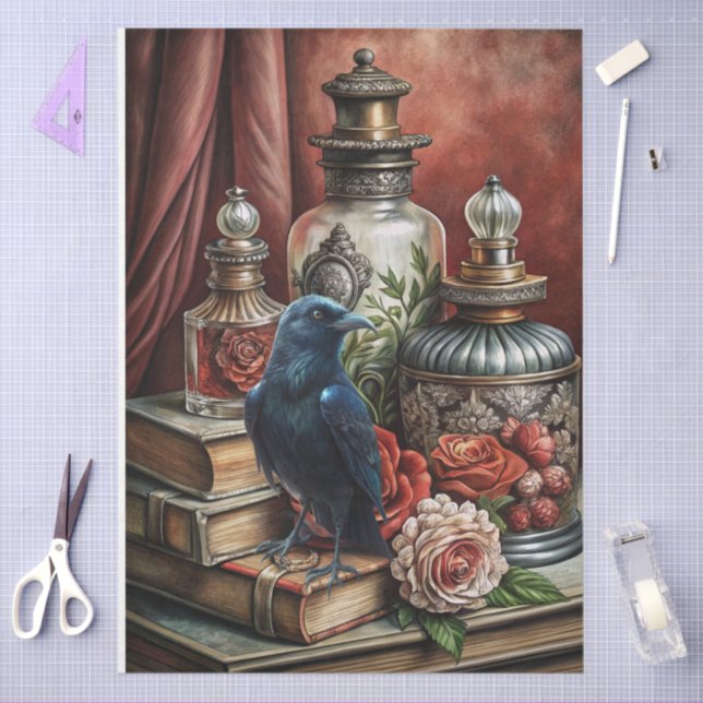 Papel De Seda  Elegant Gothic Floral & Raven Furniture Decoupage (Arte )