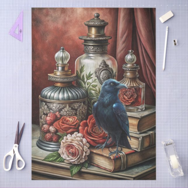 Papel De Seda  Elegant Gothic Floral & Raven Furniture Decoupage (Arte )