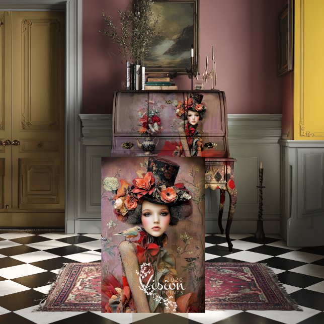 Papel De Seda Elegant Hatter Top Hat Red Rose Portrait (Decoupage sheet leaning against vintage secretary desk on checkerboard floor in mauve yellow room)