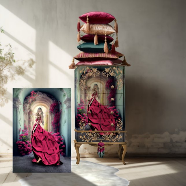 Papel De Seda Elegant masquerade lady dreamy floral Portrait Art (Viva Magenta, Mystery Woman, Floral Archway, Elegant Dress, Vibrant Portrait Art, Decoupage Paper)