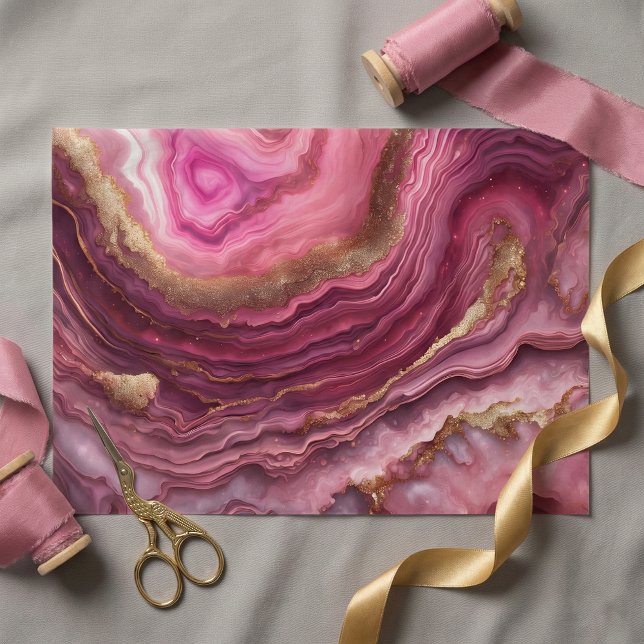 Papel De Seda Elegant Pink Agate Marble Gold Glitter Geode (Criador carregado)