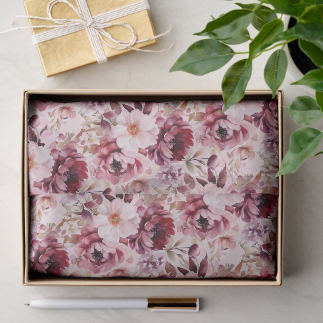 Papel De Seda Elegant Pink Burgundy Floral (Presente)
