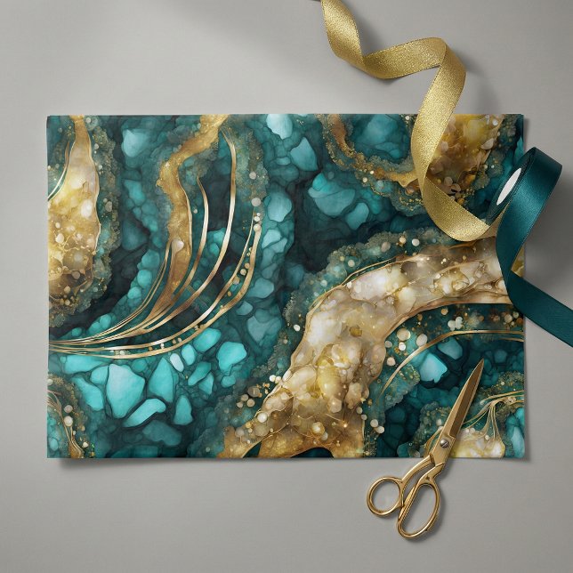 Papel De Seda Elegant Teal Blue Gold Agate Geode Marble Abstract (Criador carregado)