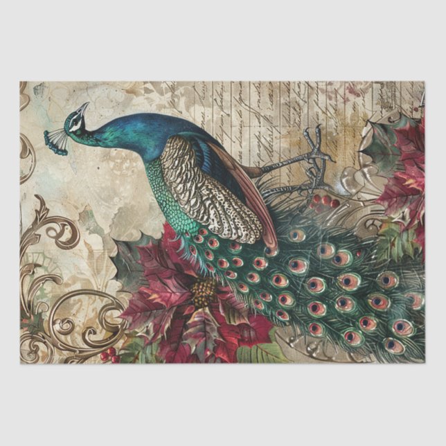 Papel De Seda Elegant Teal Peacock Christmas Decoupage (Frente )