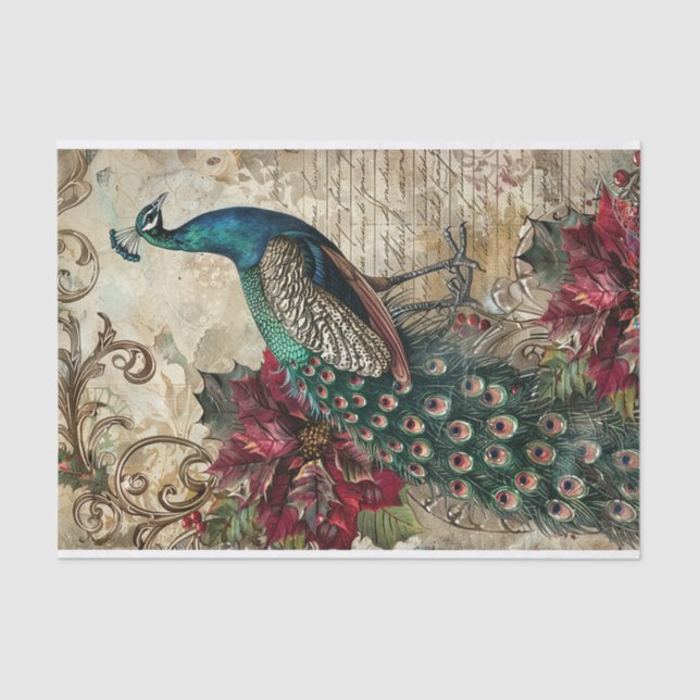 Papel De Seda Elegant Teal Peacock Christmas Decoupage (Frente )