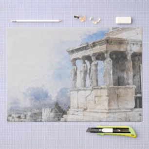 Papel De Seda Elegante Aquarela Antiga Grécia de Ruínas Atenas