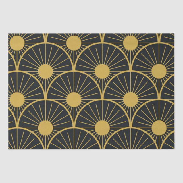 Papel De Seda Elegante Art Deco Dourado padrão solar em preto (Frente )