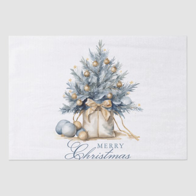 Papel De Seda Elegante Árvore de Natal Dourada Azul (Frente )