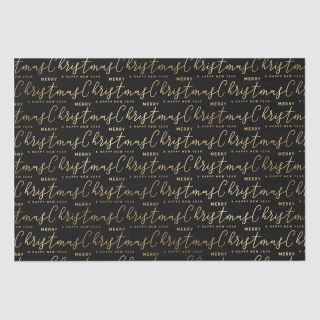 Papel De Seda Elegante Black e Dourado Script Feliz Natal (Frente )