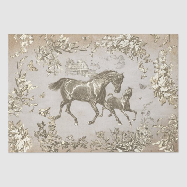 Papel De Seda Elegante Cavalos Beige Cavalos Florais Toile Kraft (Frente )