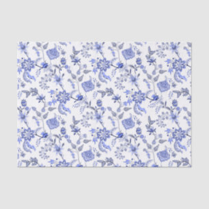 Papel De Seda Elegante chintz floral azul antigo sobre branco