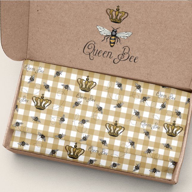 Papel De Seda Elegante Dourado Gingham Royal Queen Bee Pattern (Elegant Gold Gingham Pattern with a Hand-Drawn Vintage Inspired Buzzing Queen Bee & her Royal Crown)