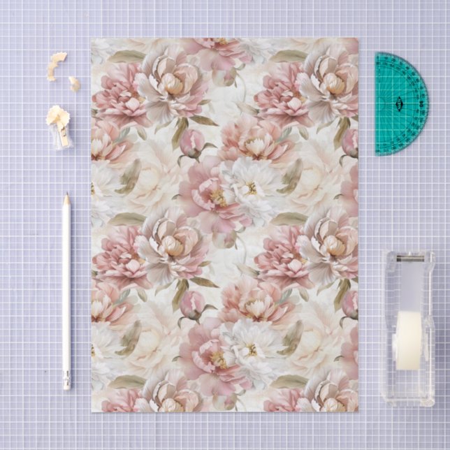 Papel De Seda Elegante floral bege e rosa (Arte )