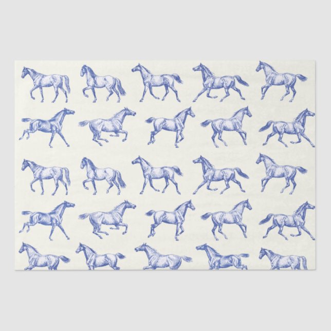 Papel De Seda Elegante Galopante Cavalos Azul Toile (Frente )