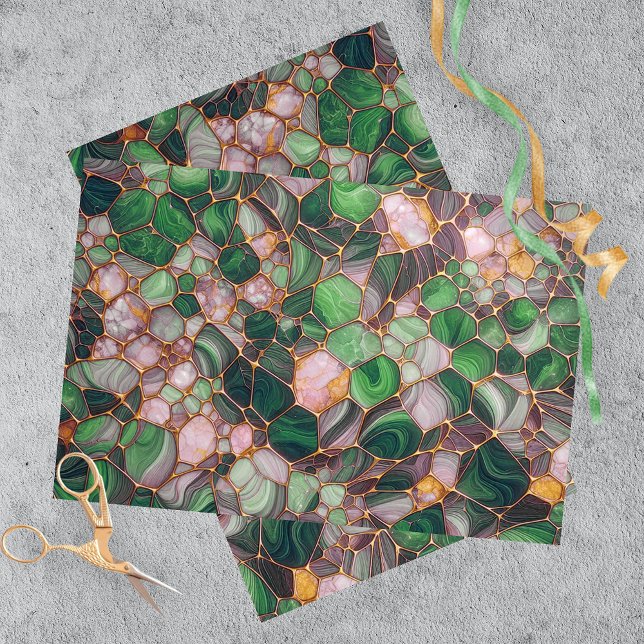 Papel De Seda Elegante Linhas Douradas no Mosaico Verde Esmerald (Criador carregado)