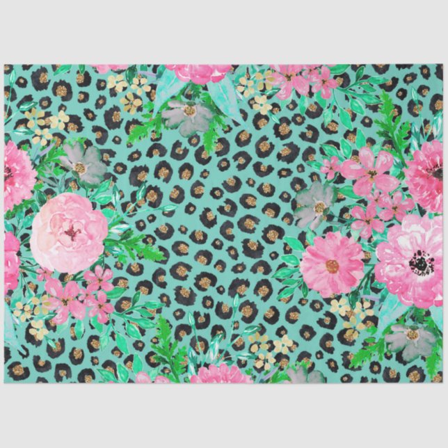Papel De Seda Elegante Mint Leopard Print e Floral Design (Frente )