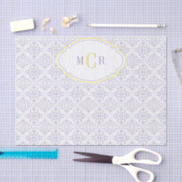 Papel De Seda Elegante Monograma com Padrão Damasco Azul Amarelo