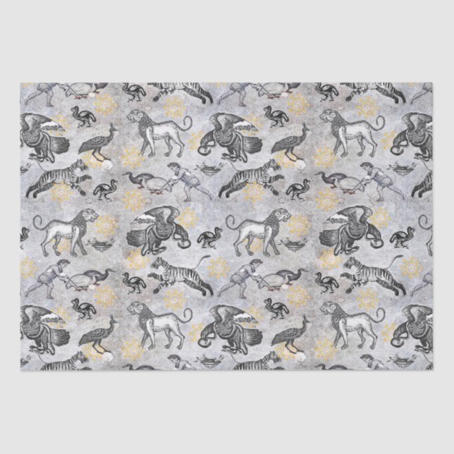 Papel De Seda Elegante Mosaico Negro Dourado Tigre Lion Eagle (Frente )