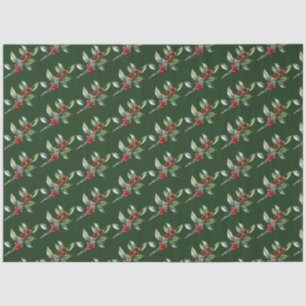 Papel De Seda Elegante Natal Aquarela Verde Botânico Vermelho