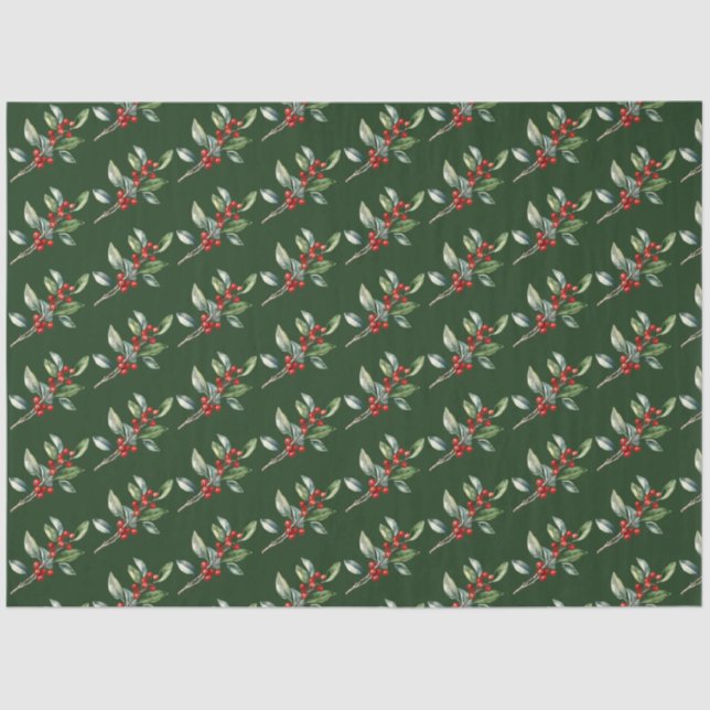 Papel De Seda Elegante Natal Aquarela Verde Botânico Vermelho (Frente )