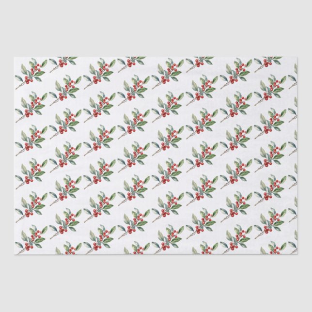 Papel De Seda Elegante Natal Aquarela Verde Botânico Vermelho (Frente )