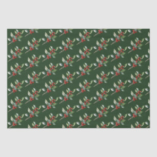 Papel De Seda Elegante Natal Aquarela Verde Botânico Vermelho