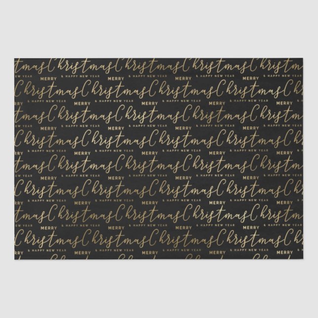 Papel De Seda Elegante Natal Feliz com Letra Preta e Dourada (Frente )