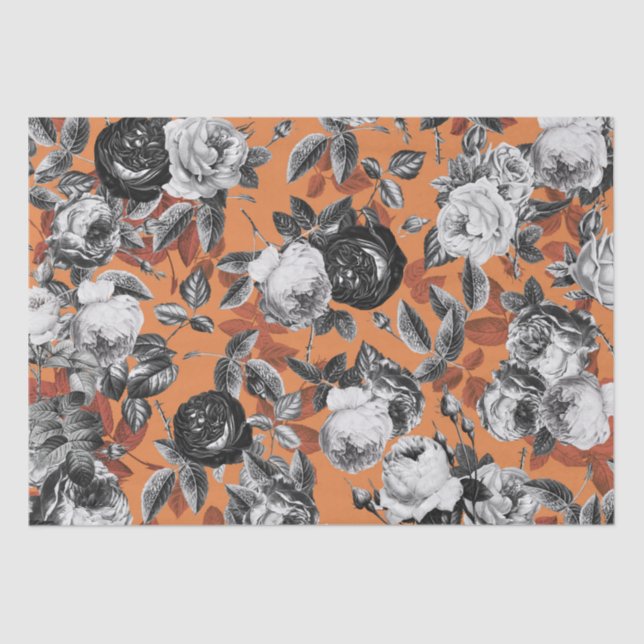 Papel De Seda Elegante Rosas brancos pretos em laranja (Frente )