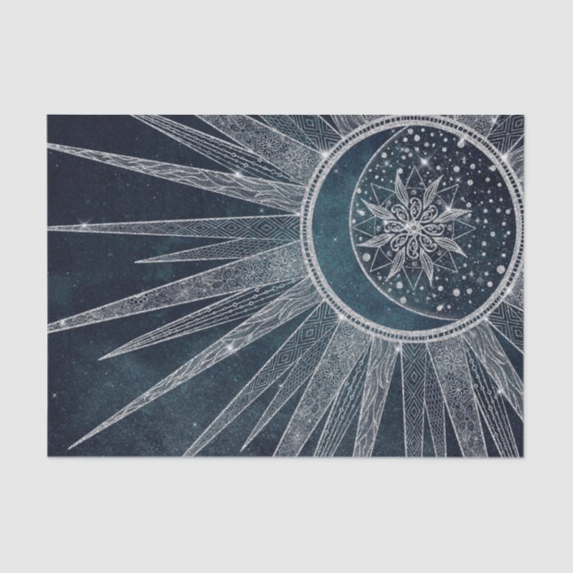 Papel De Seda Elegante Sun Moon Doodle Mandala Blue Design (Frente )