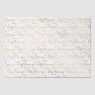 Papel De Seda Elegante Texto de Natal em Branco e Dourado em Let