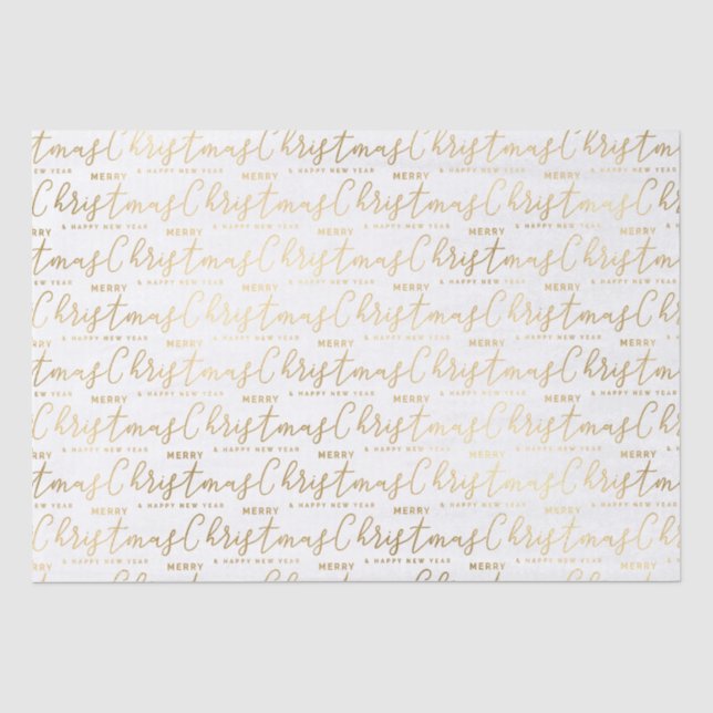Papel De Seda Elegante Texto de Natal em Branco e Dourado em Let (Frente )
