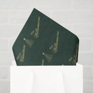 Papel De Seda Elegante Verde Dourado Feliz Natal Nome da Família