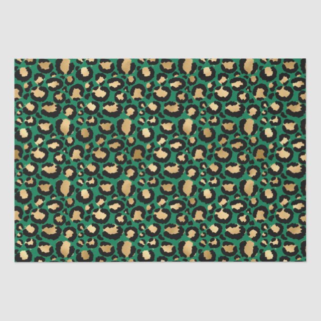 Papel De Seda Elegante Verde & Dourado Folha Manchas de Leopardo (Frente )