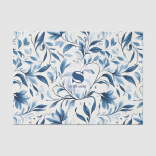 Papel De Seda Elegantes Folhas Paisley Azuis - Fundo Branco