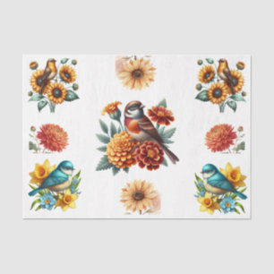 Papel De Seda Elementos de Flores e Pássaros de Primavera em Aqu