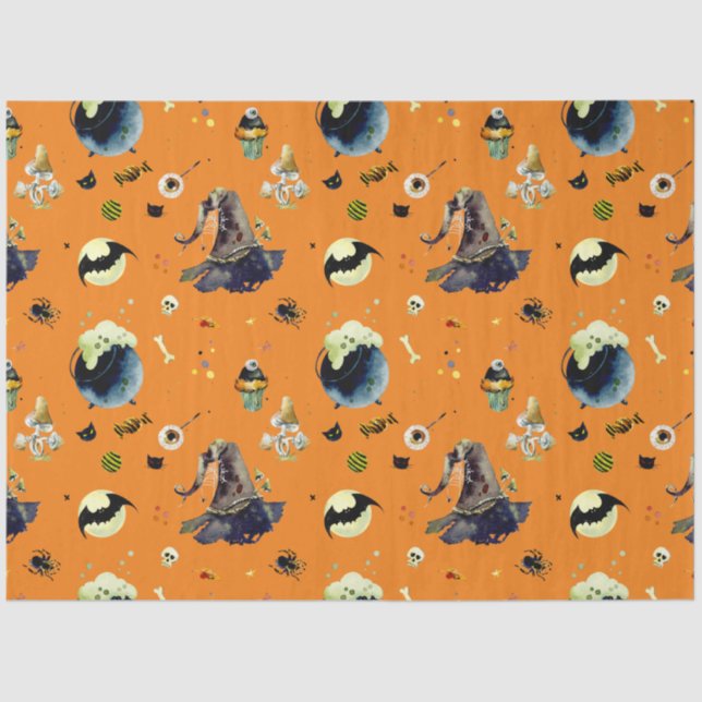 Papel De Seda Elementos do Dia das Bruxas em Laranja (Frente )