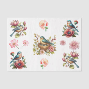 Papel De Seda Elementos Florais e Pássaros de Primavera em Aquar